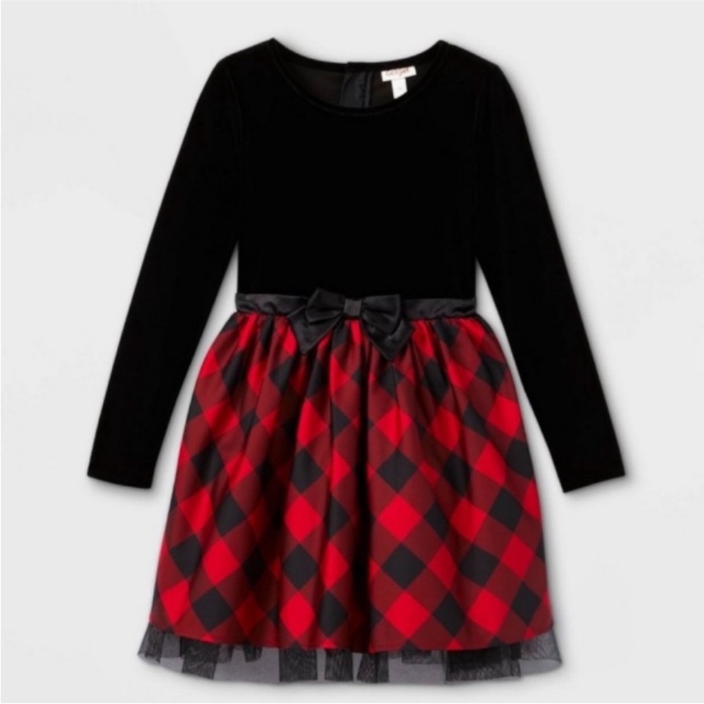 Cat and Jack sz XS 4/5 black velour long sleeve and plaid skirt dress